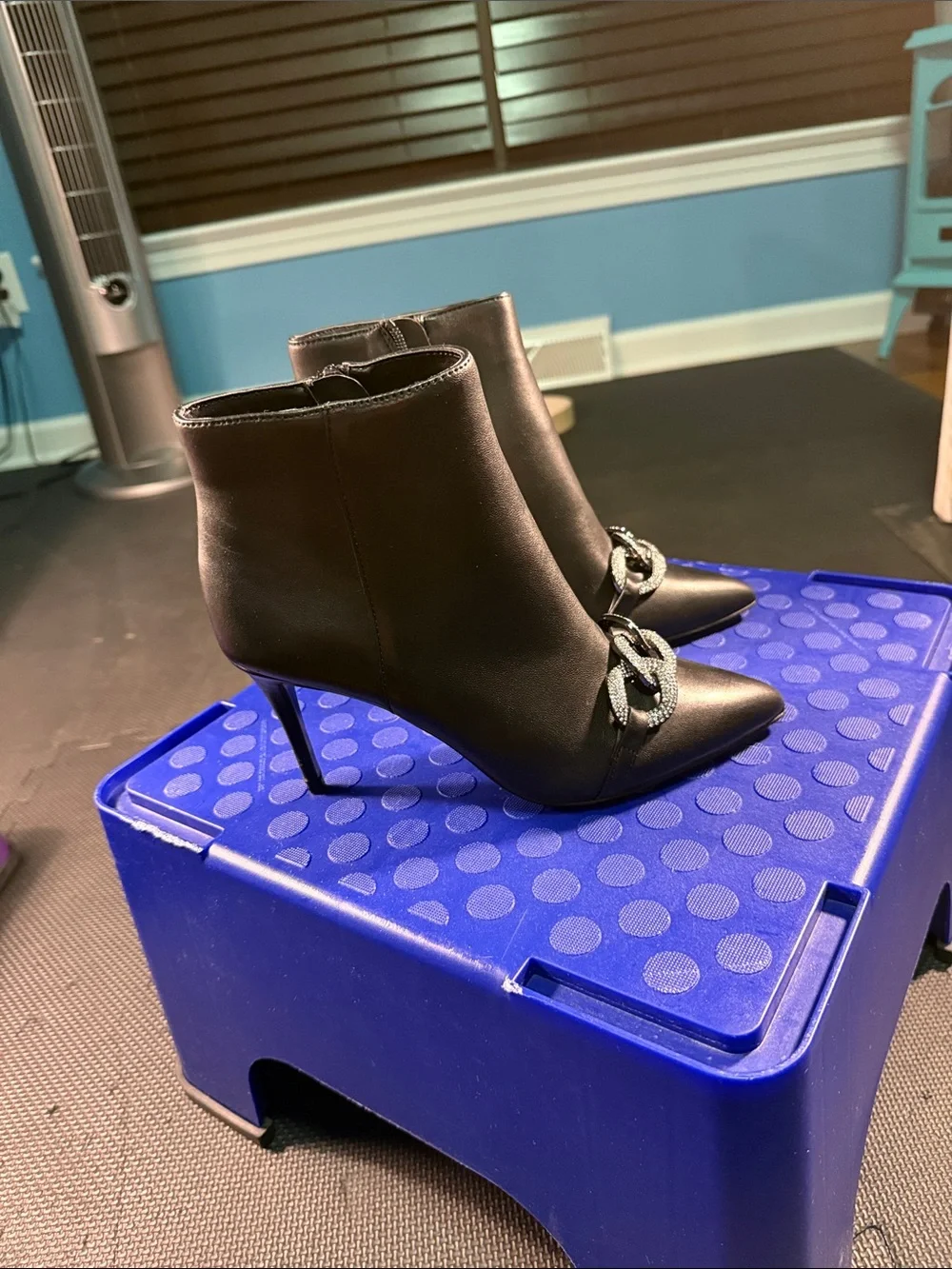 White House Black Market Black Pointed Ankle Booties with Rhinestone Chain